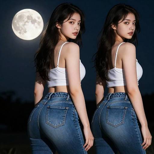 Young Woman in Jeans Under Full Moon