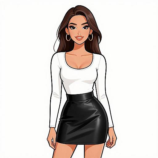 Digital illustration of a confident woman with long brown hair, wearing a white long-sleeve top, black leather skirt, and large hoop earrings, standing