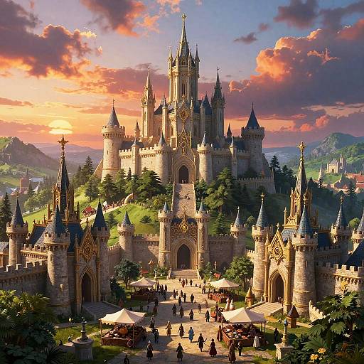 Photorealistic digital painting of a grand, sunlit medieval castle with multiple spires, surrounded by lush greenery and bustling with small, shadowed
