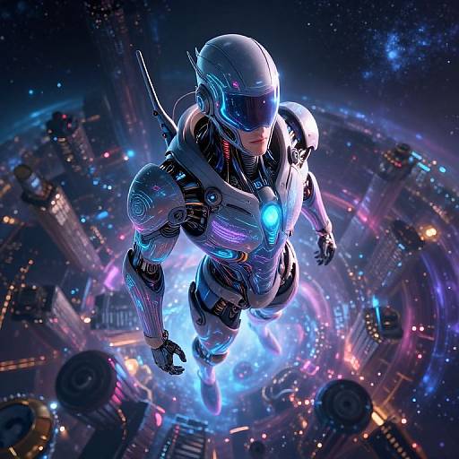 Cybernetic astronaut with glowing blue visor and armor hovers over futuristic space station, surrounded by vibrant neon lights and stars. Digital art.
