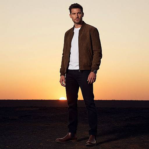 Photograph of a man with short dark hair, beard, brown jacket, white shirt, black pants, brown shoes, standing against a sunset sky.
