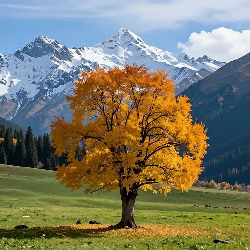 Solitary Golden Tree with Snow-Capped Mountains
