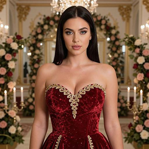 Photograph of a beautiful woman with long black hair, wearing a strapless red velvet gown with gold lace, standing in an ornate room with floral