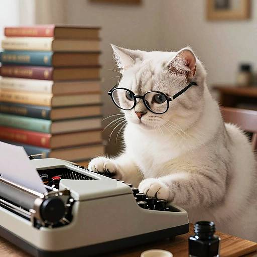 Photograph of a white tabby kitten wearing black glasses, typing on a vintage typewriter, with a stack of books in the blurred background. Sun