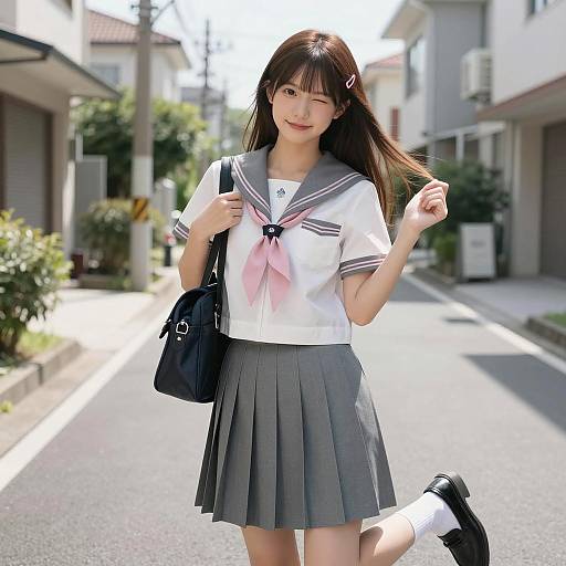 Japanese Schoolgirl in Uniform Winking on Street