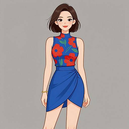Digital illustration of a fair-skinned woman with short black hair, wearing a sleeveless blue dress with red floral pattern, and a gold bracelet, standing
