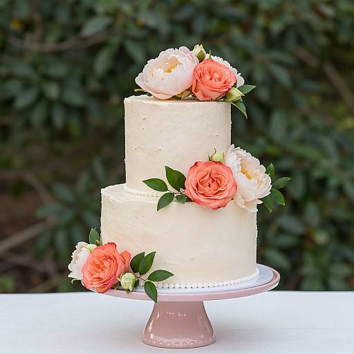Photograph of a two-tier white cake with pink and white roses, on a pink stand, against a green leafy background.