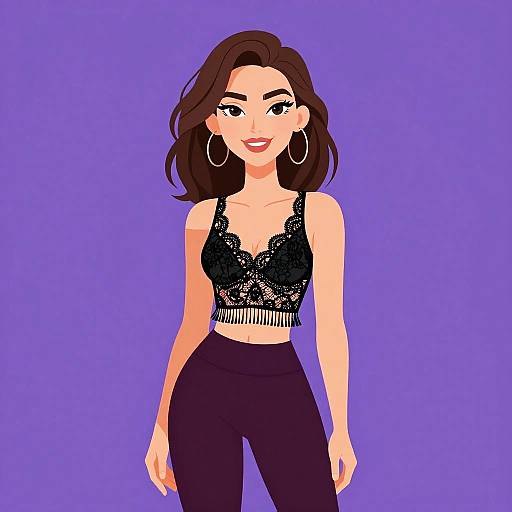 Digital illustration of a smiling woman with wavy brown hair, wearing a black lace crop top and high-waisted black pants, against a solid purple