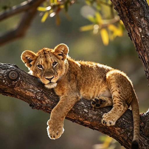 Relaxed Lion Cub on Sunlit Branch