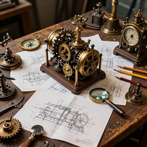 Vintage workshop scene: Detailed brass clockwork mechanisms, blueprints, magnifying glass, pencils on a wooden table, surrounded by various clock parts. Photograph