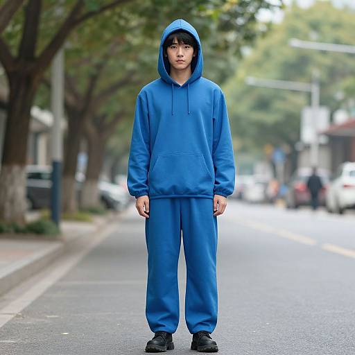Photograph of an Asian young man standing on a tree-lined street, wearing a blue hoodie and matching joggers, with a serious expression, against a