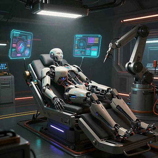 Cyberpunk Cyborg in Neon Repair Bay