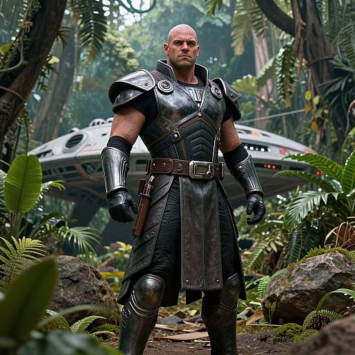 Photograph of a bald, muscular man in dark, armored medieval attire standing in a lush, dense jungle with a futuristic spaceship in the background.