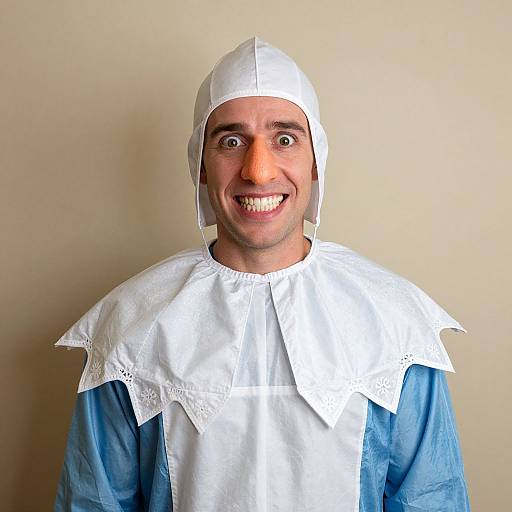 Photograph of a smiling man with medium skin tone, wearing a white paper head covering and medieval-style white and blue garment.
