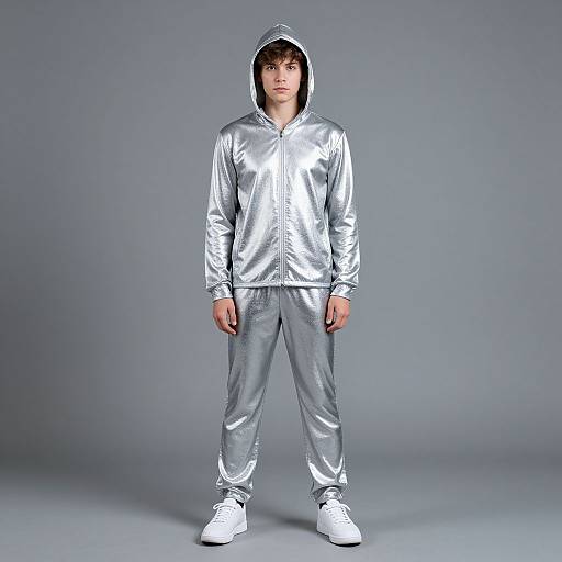Photograph of a young man in a shiny silver hooded jacket, matching silver pants, and white sneakers, standing against a gray background.