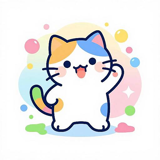 Cute, chibi-style digital drawing of a white cat with colorful patches (orange, blue, green) and a joyful expression, surrounded by past