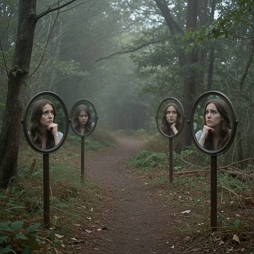 Photograph of a misty forest path with four circular mirrors displaying reflections of a contemplative young woman with long brown hair.
