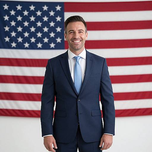 Photograph of a smiling man in a dark blue suit, white shirt, and light blue tie, standing in front of an American flag.