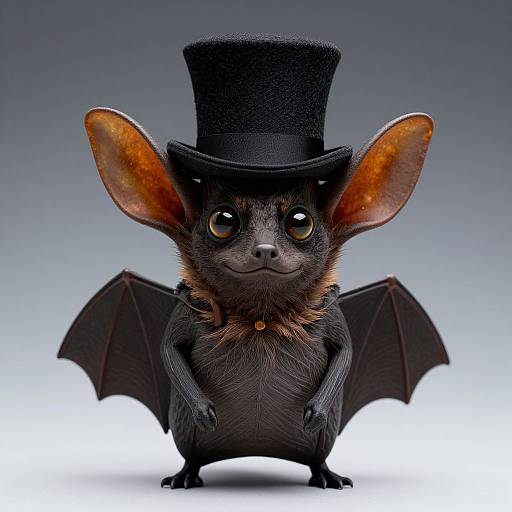 Cute CGI bat with large ears, wearing a black top hat, and furry chest, standing with wings spread, against a gradient blue background.