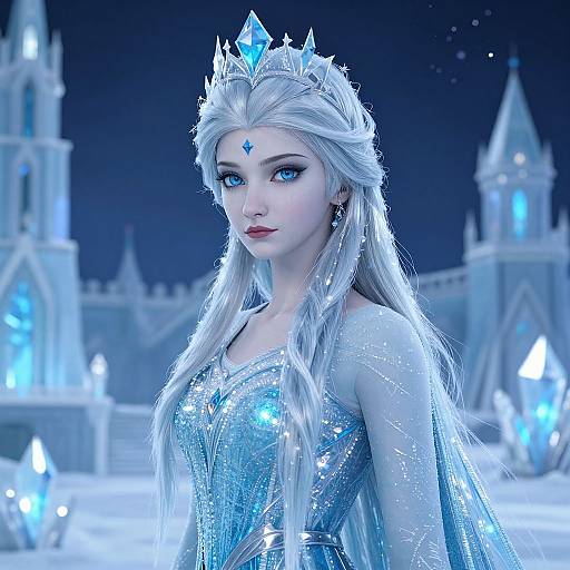 CGI image of a beautiful, blue-eyed, white-haired queen in a sparkling blue ice crown and gown, standing in a glowing, icy castle.
