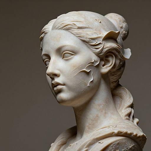 Photograph of a white marble bust of an Asian woman with detailed hair bun, serene expression, and slight crack marks, against a dark gray background.