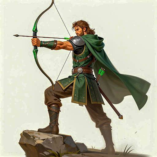 Muscular Male Archer in Green Armor Drawing Bow