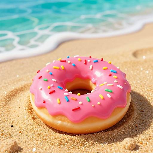 Vibrant Pink Jelly Donut on Beach