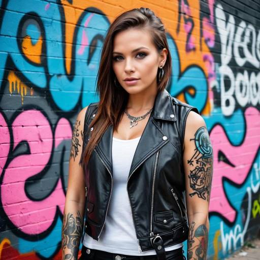 Tattooed Woman in Leather Vest by Graffiti Wall