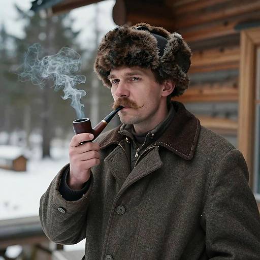 Photograph of a bearded man with fair skin, wearing a fur hat and brown coat, smoking a pipe with blue smoke, standing in front of
