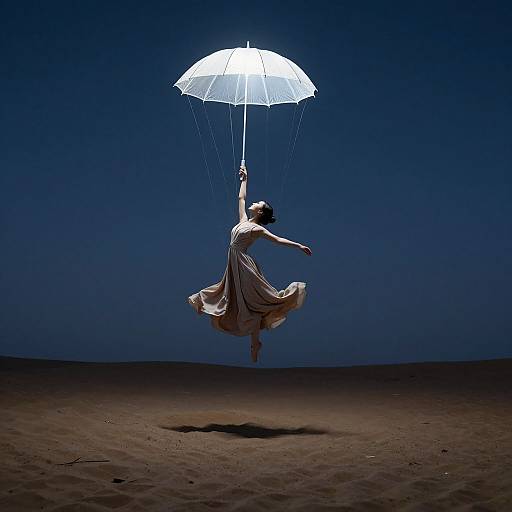 Photograph of a woman in flowing dress, mid-jump, holding a glowing white umbrella against a dark blue, desert-like background.