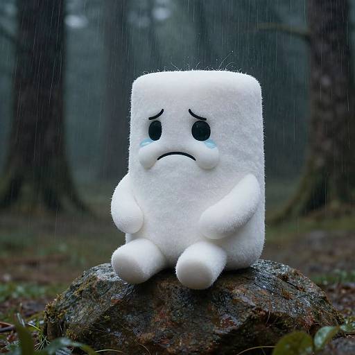 Photograph of a sad, white, marshmallow-like character with tearful eyes, sitting on a mossy rock in a rainy forest.