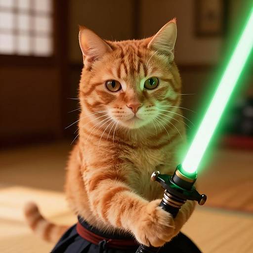 Photograph of an orange tabby cat holding a glowing green lightsaber, dressed in a dark robe, in a dimly lit room.