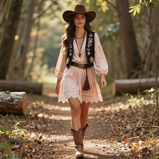 Bohemian Cowgirl in Sunlit Forest