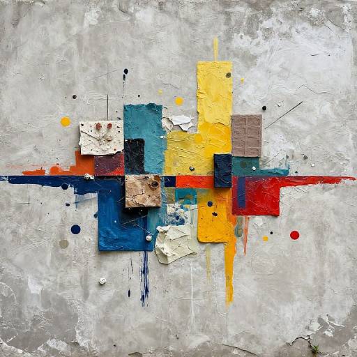 Abstract digital painting: colorful geometric shapes (yellow, blue, red, white) overlap on a textured, weathered gray background, with black and red