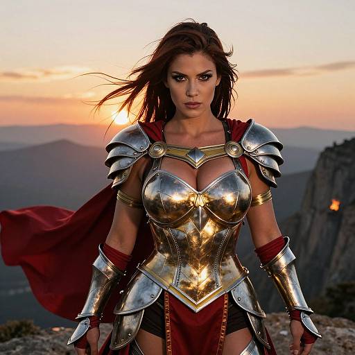 Photograph of a strong, attractive woman with brown hair in shiny, gold-embellished armor with red cape, standing at sunset on a mountain