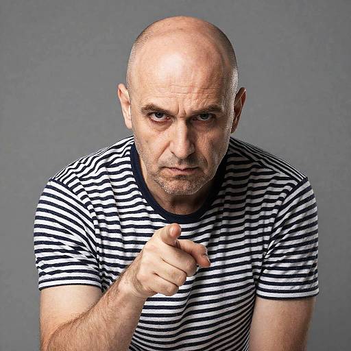 Serious Bald Man Pointing in Striped Shirt