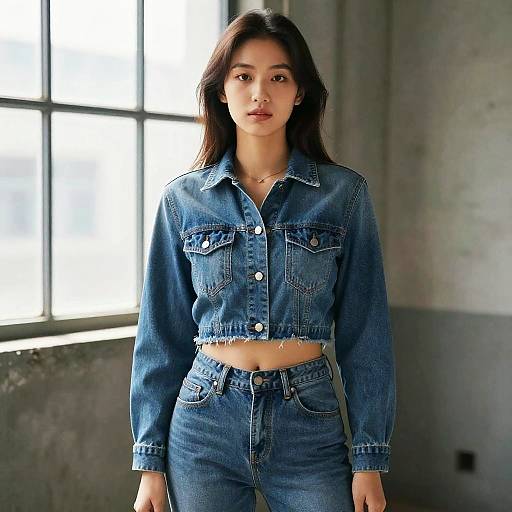 Photograph of a young Asian woman with long black hair, wearing a blue denim crop jacket and high-waisted jeans, standing in front of a