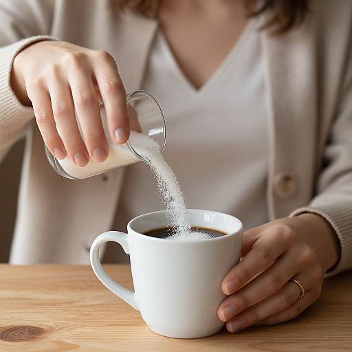 Photograph of a woman in a white V-neck sweater and beige cardigan, pouring milk from a glass bottle into a white ceramic cup on a wooden