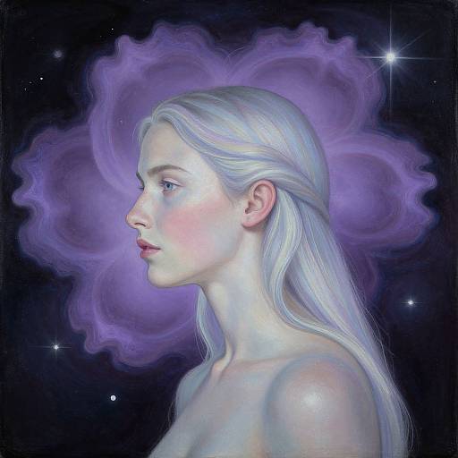 Digital painting of a serene, fair-skinned woman with long, silver hair, profile view, surrounded by ethereal purple mist against a starry black