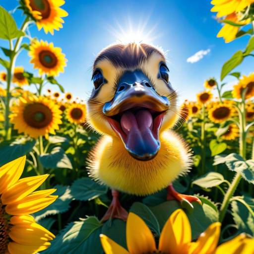 Cheerful Duckling in Sunflower Field