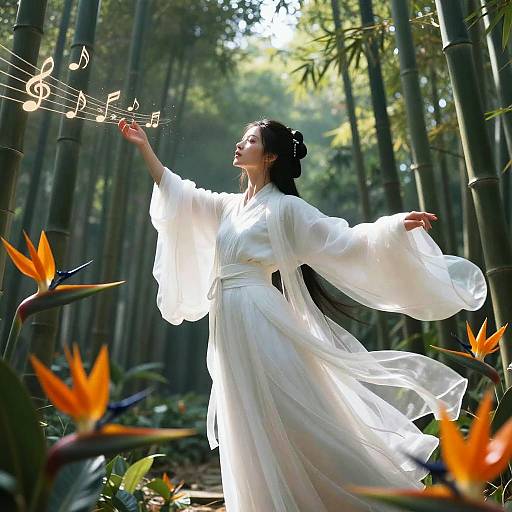 Photograph of an Asian woman in a flowing white dress, arm raised, creating floating musical notes in a sunlit bamboo forest, surrounded by vibrant orange