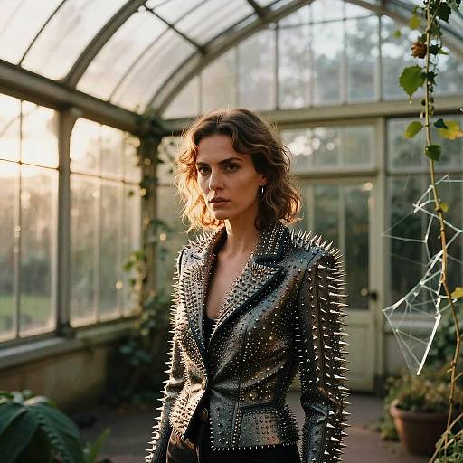 Woman in Spiked Jacket in Victorian Greenhouse