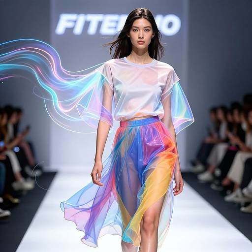 Photograph of a model with long black hair, wearing a white crop top and translucent, multicolored skirt, walking on a bright runway with 