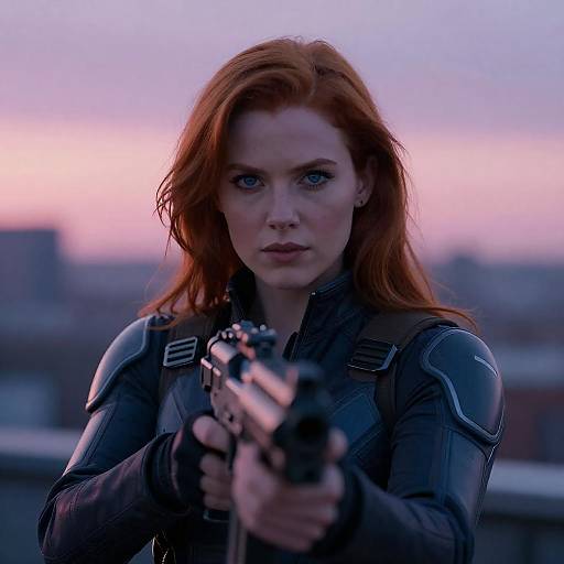 Futuristic Woman at Sunset with Weapon