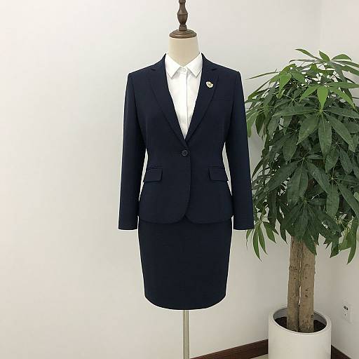 Photograph of a black business suit with white shirt, displayed on a mannequin, next to a green potted plant against a white wall.