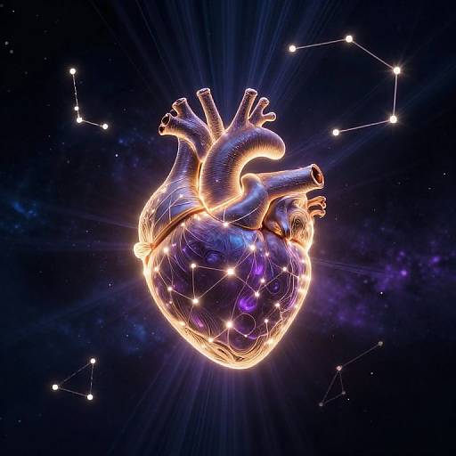 Digital artwork of a glowing, illuminated human heart surrounded by a starry, cosmic background with constellation lines.