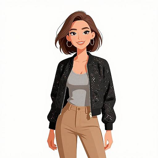 Digital illustration of a smiling woman with short brown hair, wearing a black jacket, gray top, and tan pants, against a white background.