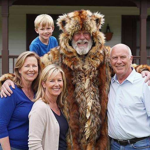 Joyful Family Portrait with Fur-Clad Grandpa