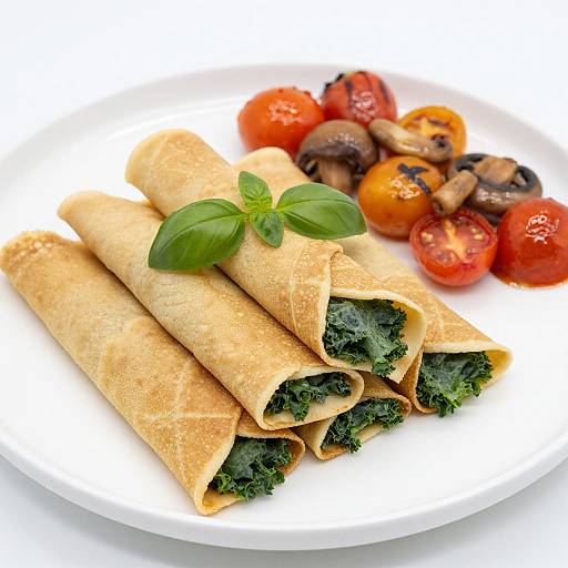 Photograph of two rolled spinach-filled crepes garnished with basil, served on a white plate with roasted cherry tomatoes and mushrooms.
