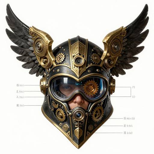 Digital illustration of a person's face wearing a steampunk-style black helmet with gold gears, wings, and goggles, set against a white background with